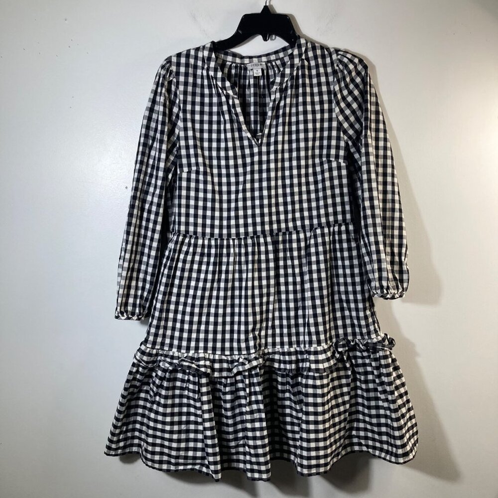 Womens J Crew Cotton Poplin Tiered Ruffle Gingham Dress S Black White